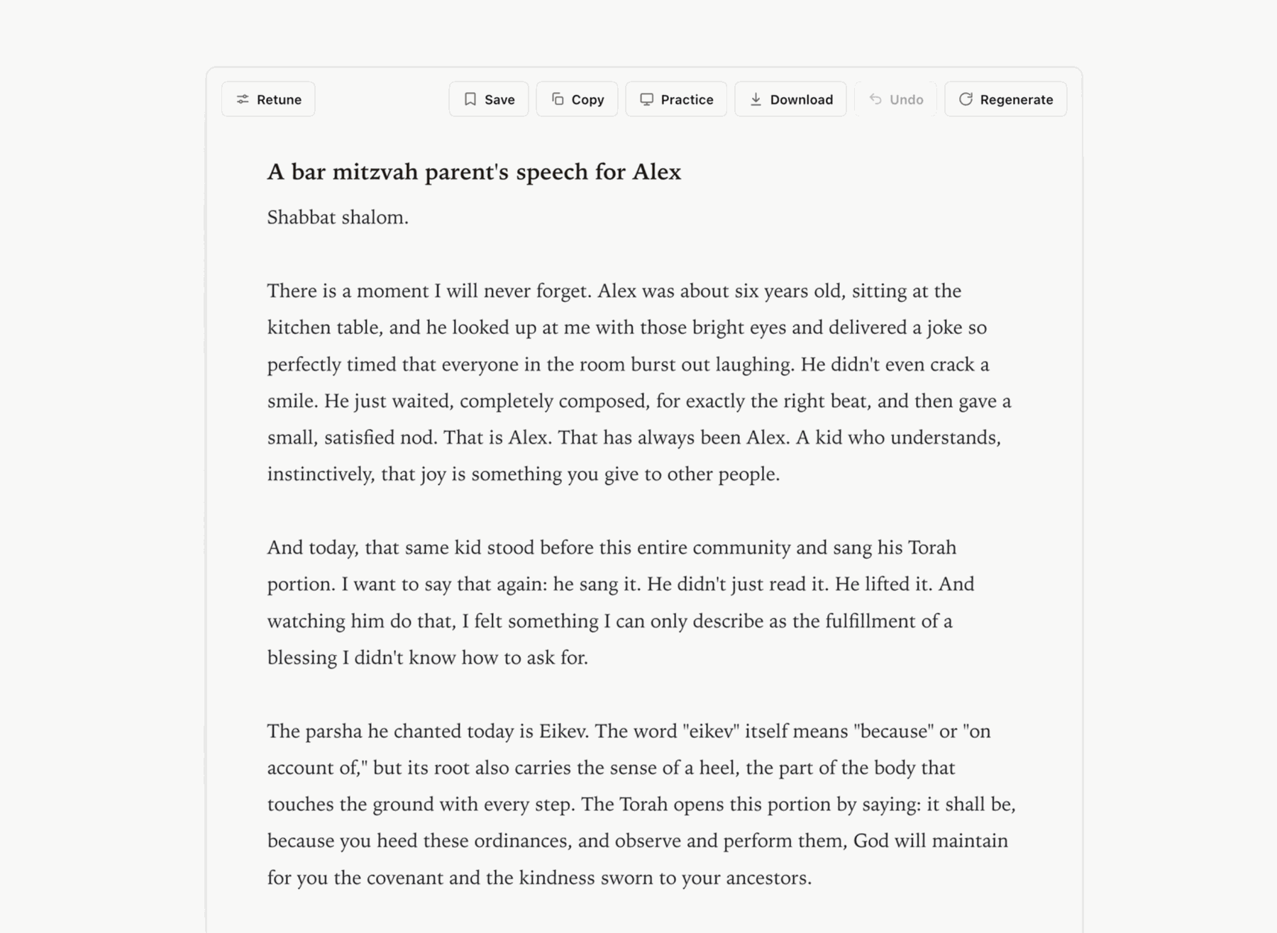 The Shpiel editor showing a drafted bar mitzvah speech ready to edit line by line