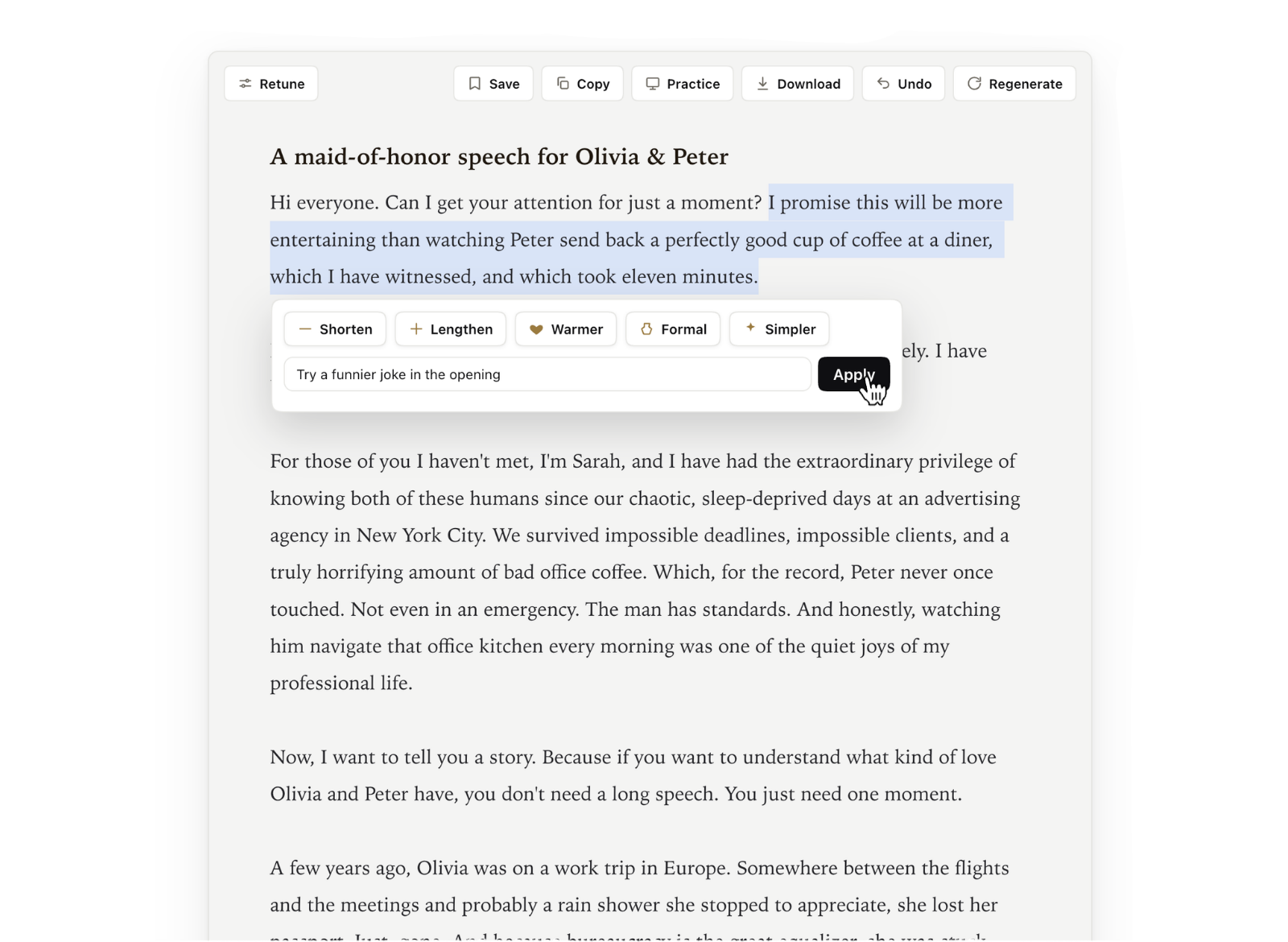 The Shpiel editor showing a drafted Jewish wedding toast ready to edit line by line